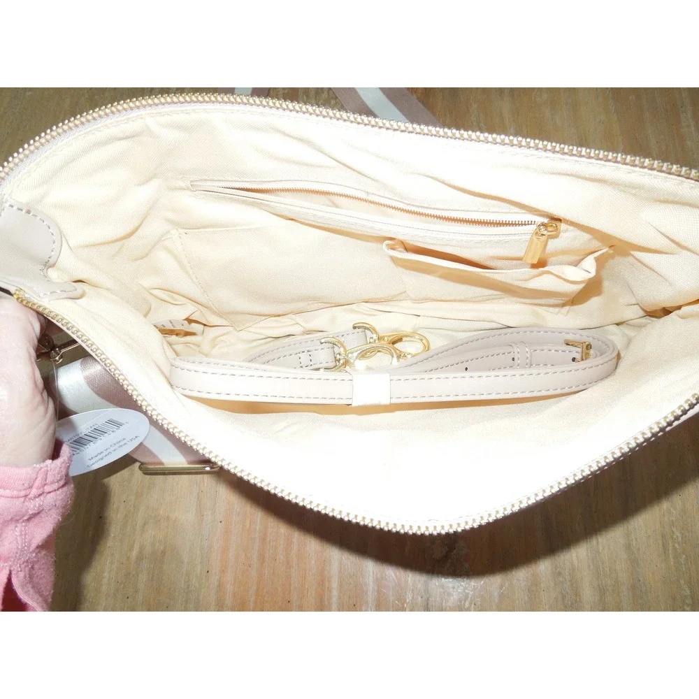 Womens Vegan Leather Crossbody Bag Beige Taupe Striped Strap New